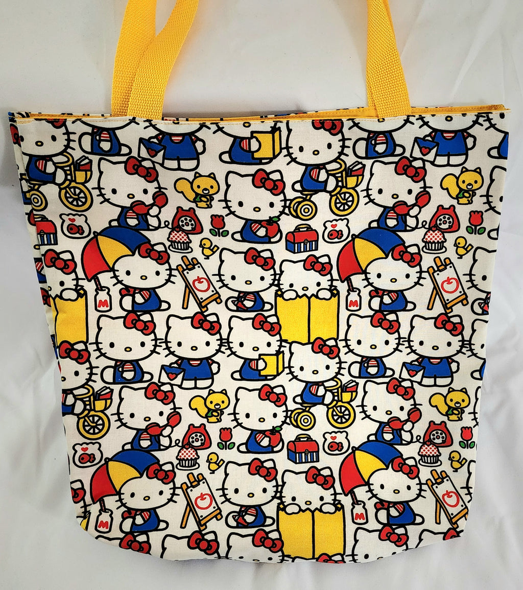 Tote bag with Hello Kitty and friends pattern on a white background