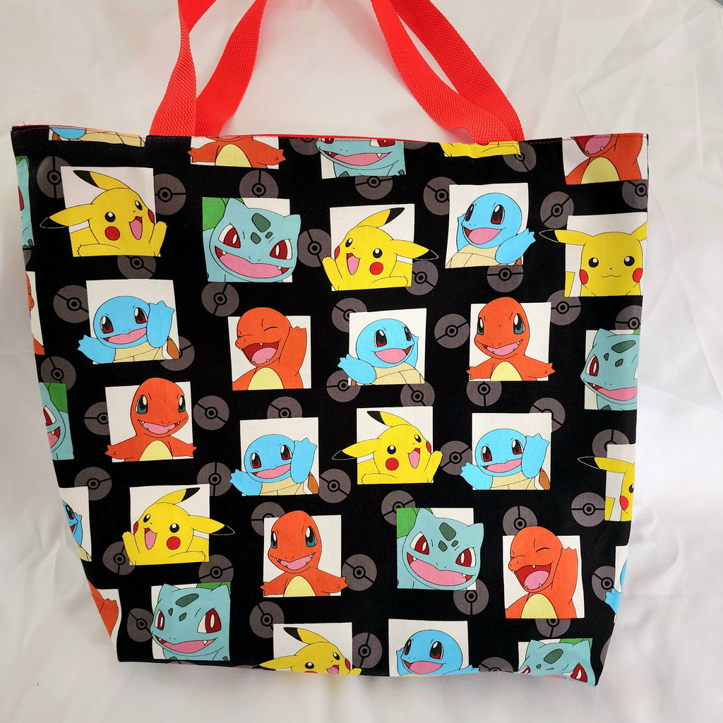 Tote bag with cartoon character pattern on a white background