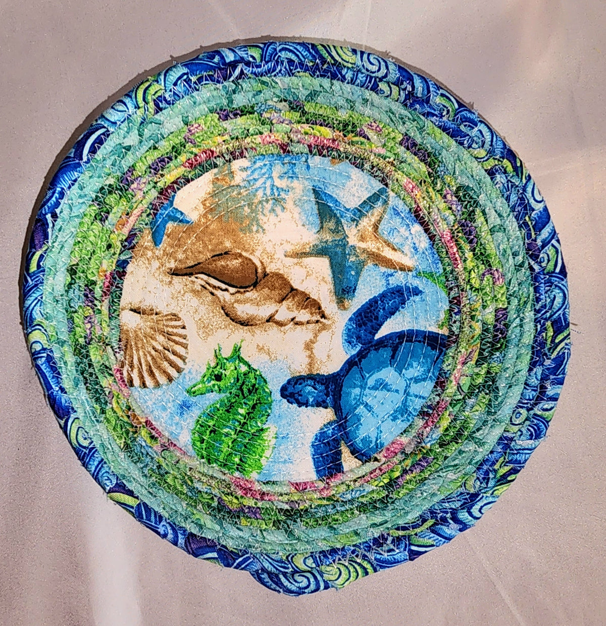 Rope Bowl: Ocean Life Coiled Rope hand wrapped fabric,  Home Decor