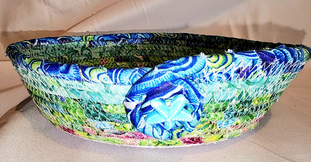 Rope Bowl: Ocean Life Coiled Rope hand wrapped fabric,  Home Decor