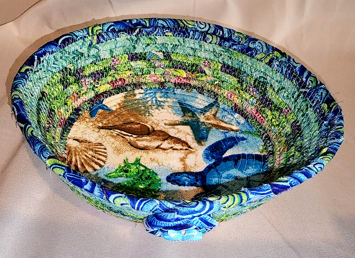 Rope Bowl: Ocean Life Coiled Rope hand wrapped fabric,  Home Decor