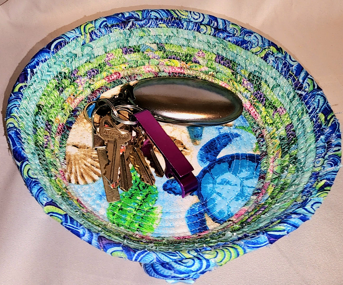 Rope Bowl: Ocean Life Coiled Rope hand wrapped fabric,  Home Decor
