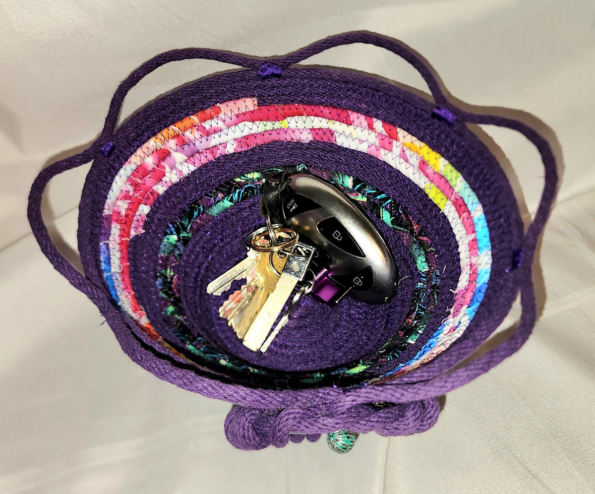 Rope Bowl: Purple with Blue Heart Medallion Coiled Rope hand wrapped fabric,  Home Decor