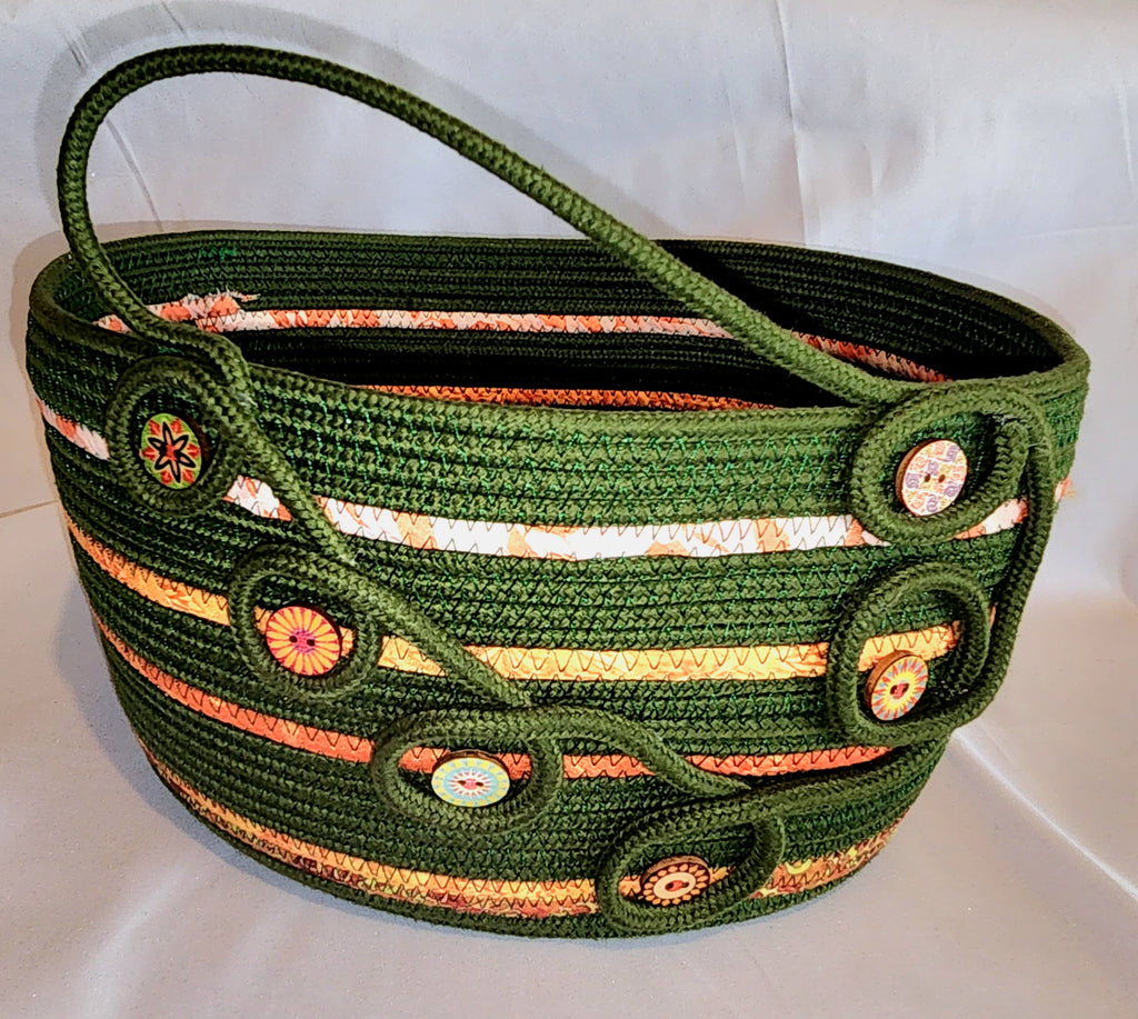 Rope Bowl: Green and Orange Coiled Cotton Rope  With Wood Button Accents, Home Decor