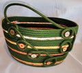 Rope Bowl: Green and Orange Coiled Cotton Rope  With Wood Button Accents, Home Decor