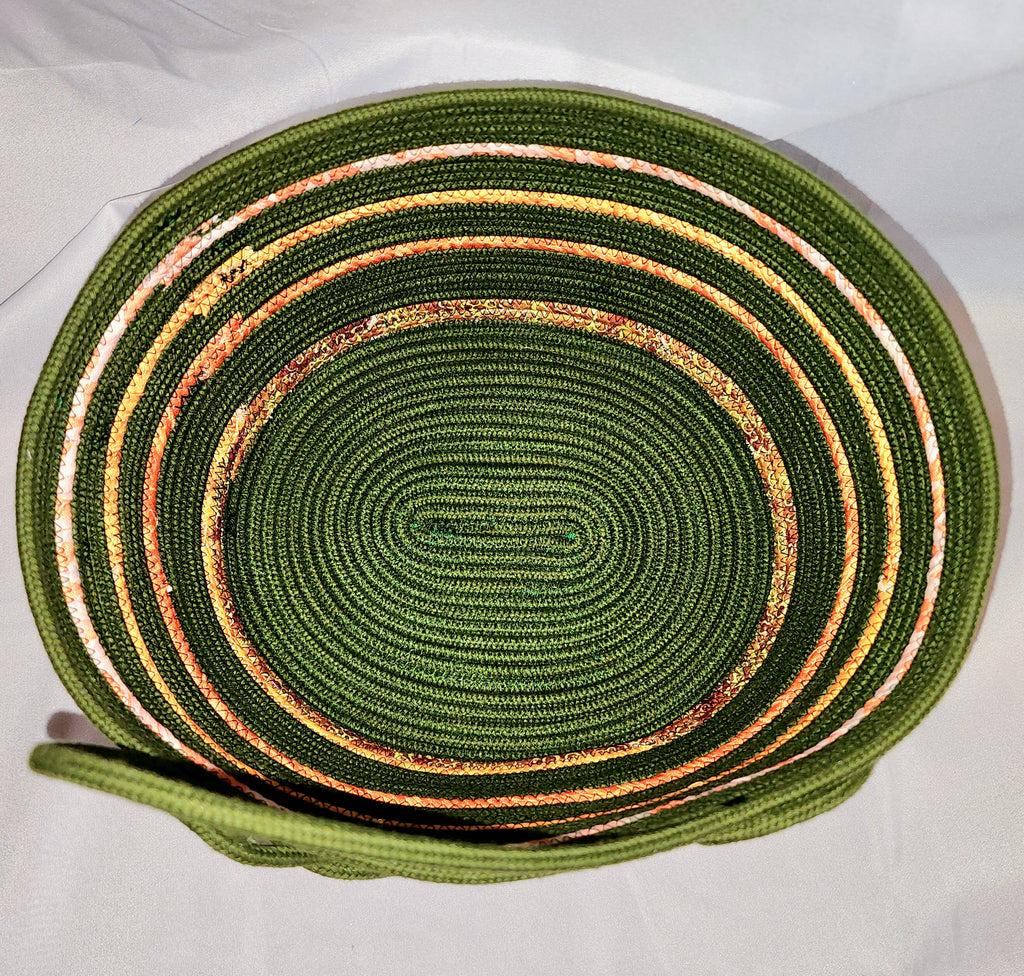 Rope Bowl: Green and Orange Coiled Cotton Rope  With Wood Button Accents, Home Decor