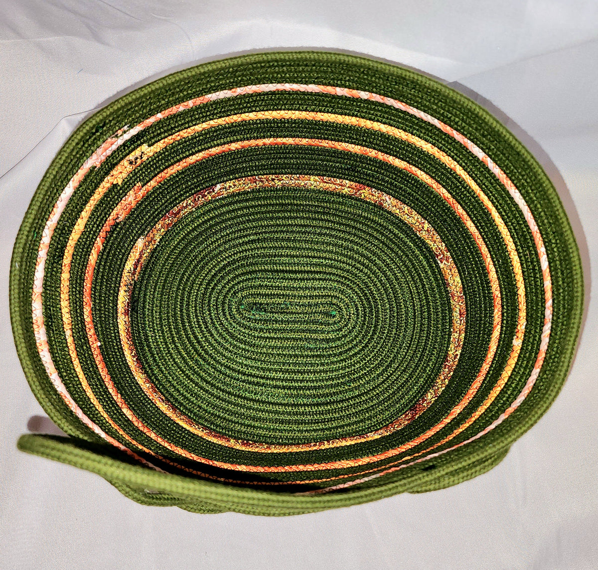 Rope Bowl: Green and Orange Coiled Cotton Rope  With Wood Button Accents, Home Decor