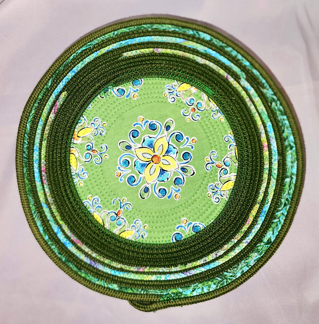 Rope Bowl: Green and Jewel Tones Coiled Rope hand wrapped fabric,  Home Decor