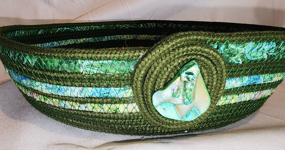 Rope Bowl: Green and Jewel Tones Coiled Rope hand wrapped fabric,  Home Decor