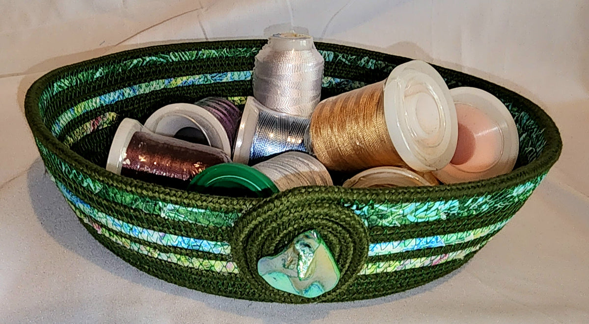 Rope Bowl: Green and Jewel Tones Coiled Rope hand wrapped fabric,  Home Decor