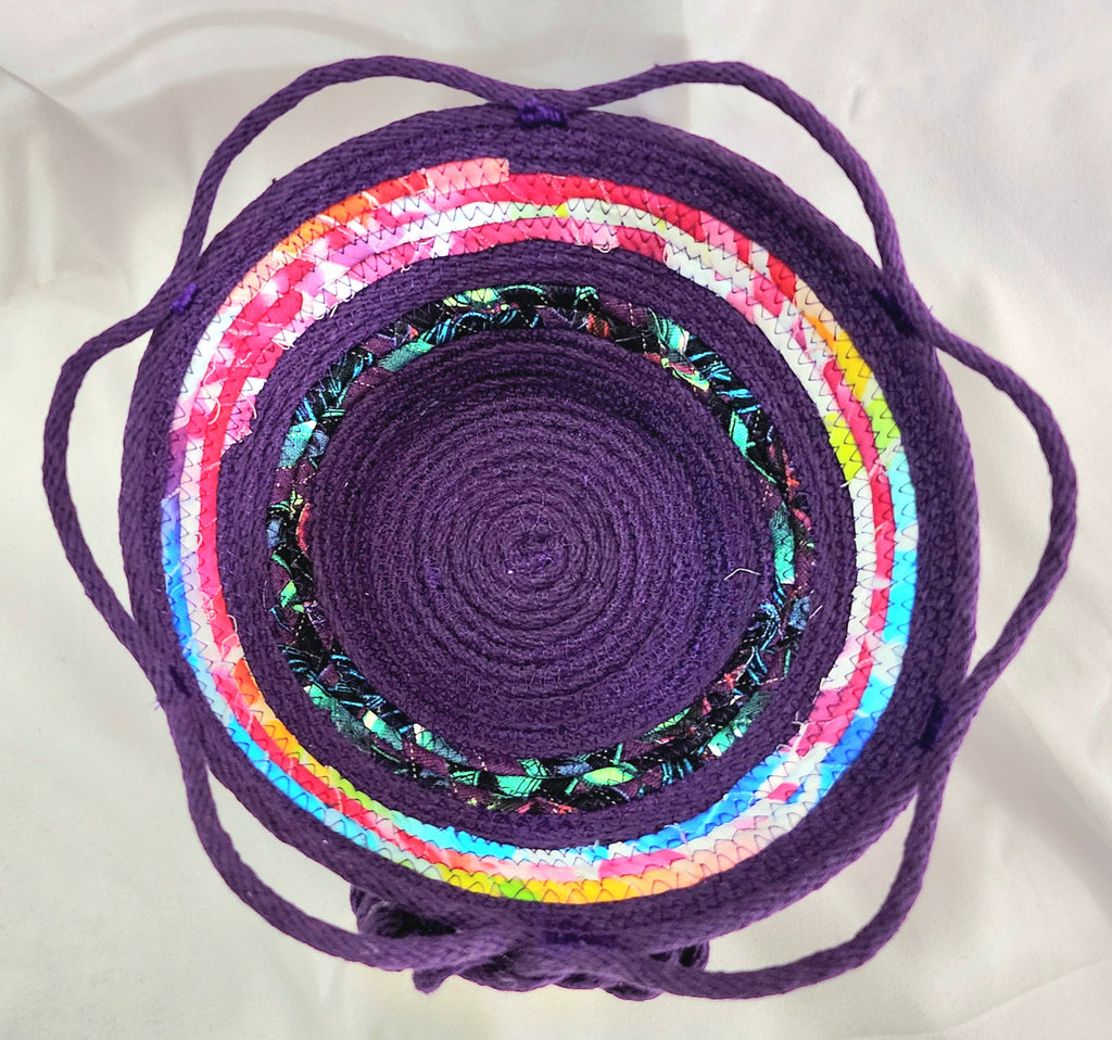 Rope Bowl: Purple with Blue Heart Medallion Coiled Rope hand wrapped fabric,  Home Decor