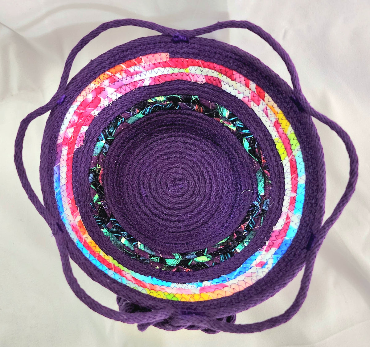 Rope Bowl: Purple with Blue Heart Medallion Coiled Rope hand wrapped fabric,  Home Decor