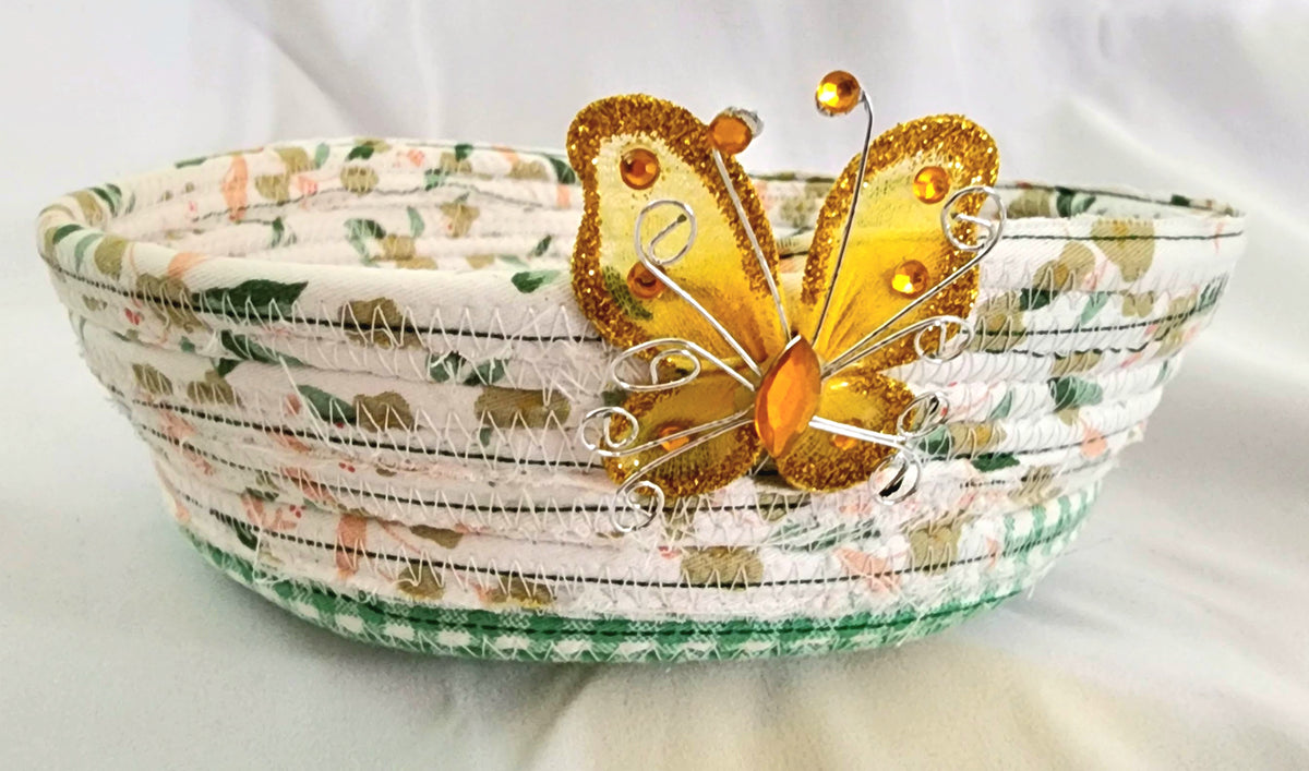 Rope Bowl: White and Green Shabby Chic Coiled Rope,  Home Decor