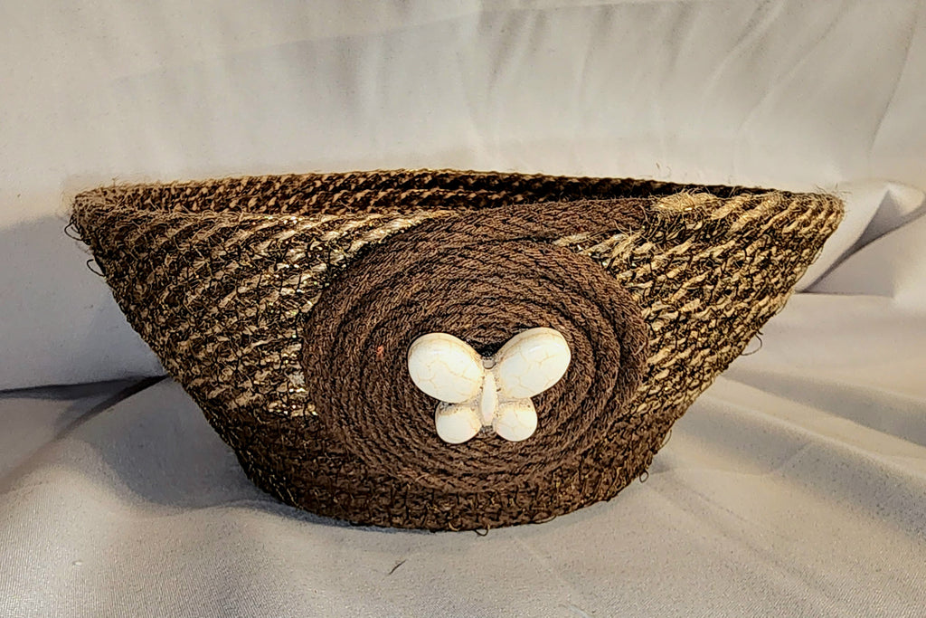 Rope Bowl: Brown, Burlap, Rustic with Ceramic  Butterfly Coiled Rope, Home Decor