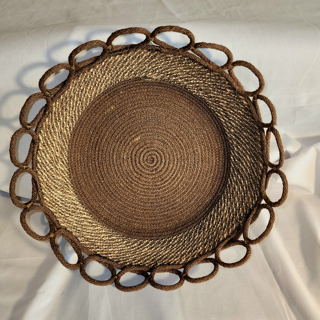 Rope Bowl: Brown, Burlap, Loop and Ceramic Leaf. Coiled Rope, Home Decor