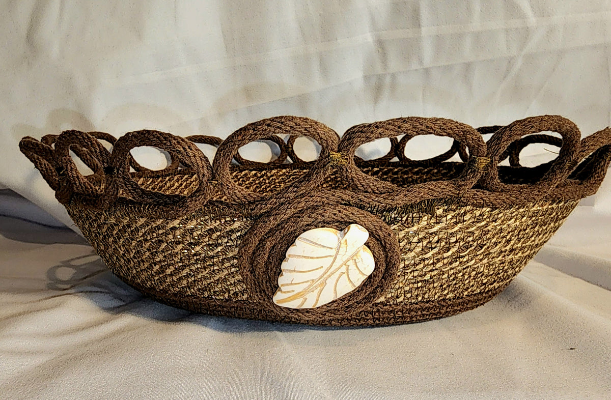 Rope Bowl: Brown, Burlap, Loop and Ceramic Leaf. Coiled Rope, Home Decor