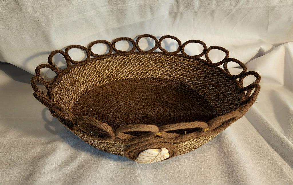 Rope Bowl: Brown, Burlap, Loop and Ceramic Leaf. Coiled Rope, Home Decor