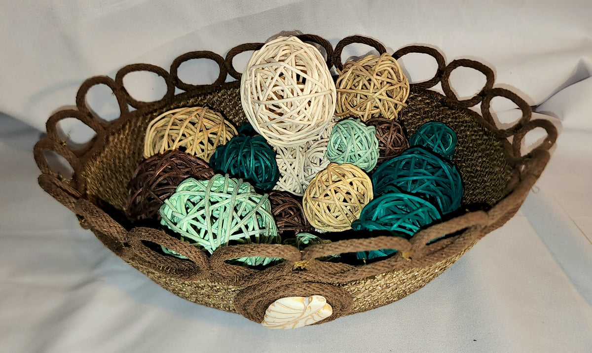 Rope Bowl: Brown, Burlap, Loop and Ceramic Leaf. Coiled Rope, Home Decor