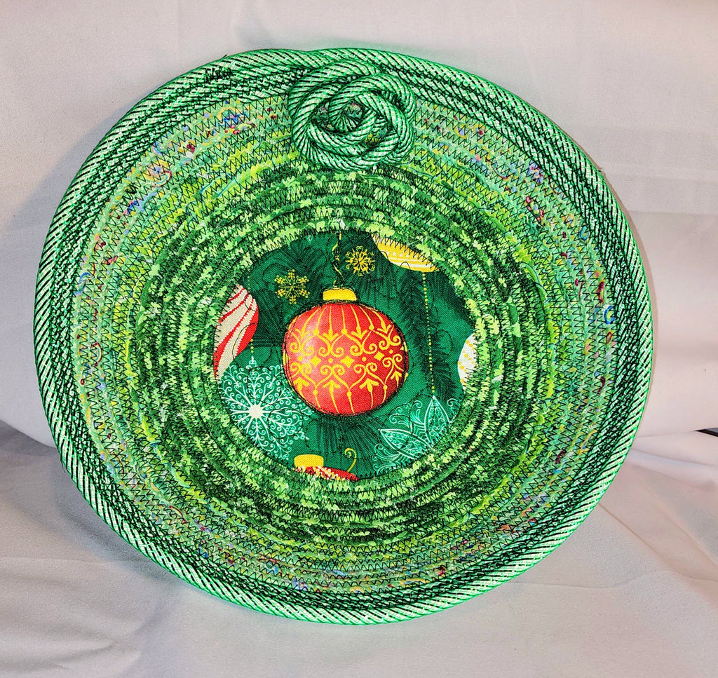 Rope Bowl: Green With Red Christmas Ball, Coiled Rope, Holiday Edition, Home Decor