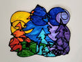Colorful forest illustration with rainbow-like patterns on a white background