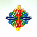 Colorful butterfly-shaped object made of interlocking rings on a white background