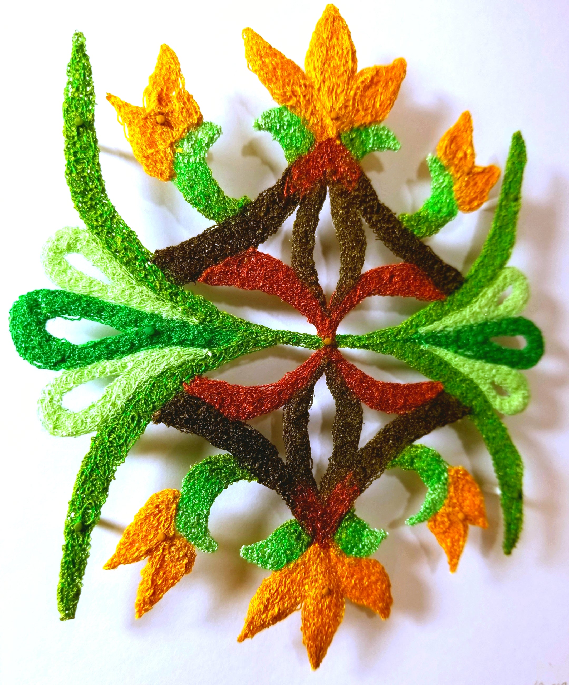 Mandala with green, orange, and brown colors on a white background