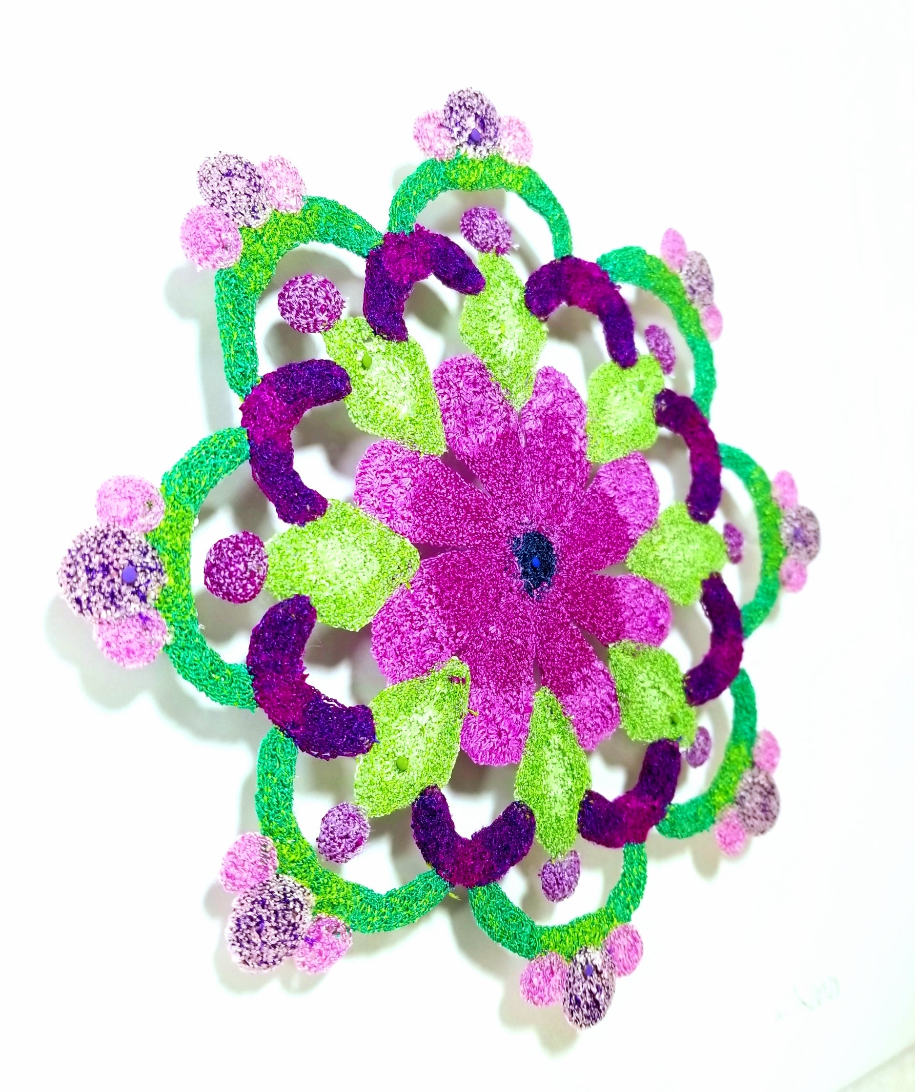 Mandala with purple and green flowers on a white background