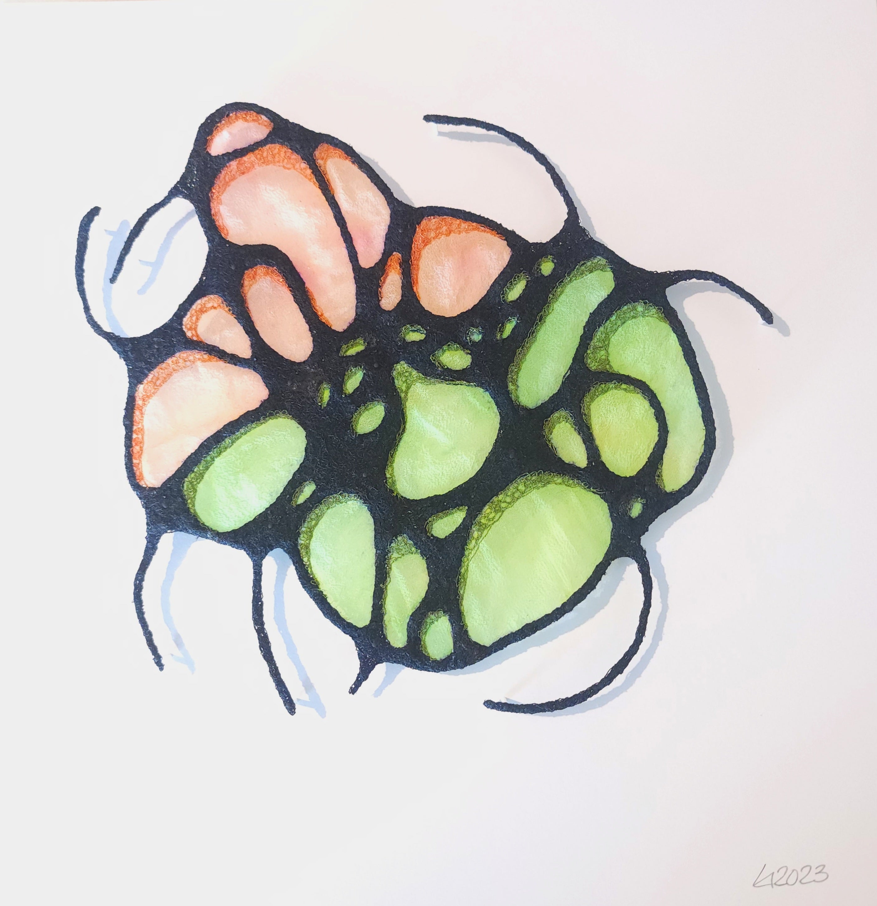 Colorful abstract design with green, orange, and black on a white background