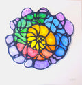 Colorful circular design with a central yellow flower-like pattern on a white background