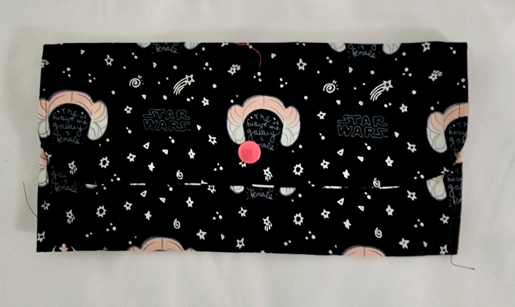 Princess Leia 'Star Wars' pattern featuring characters and text on a black background