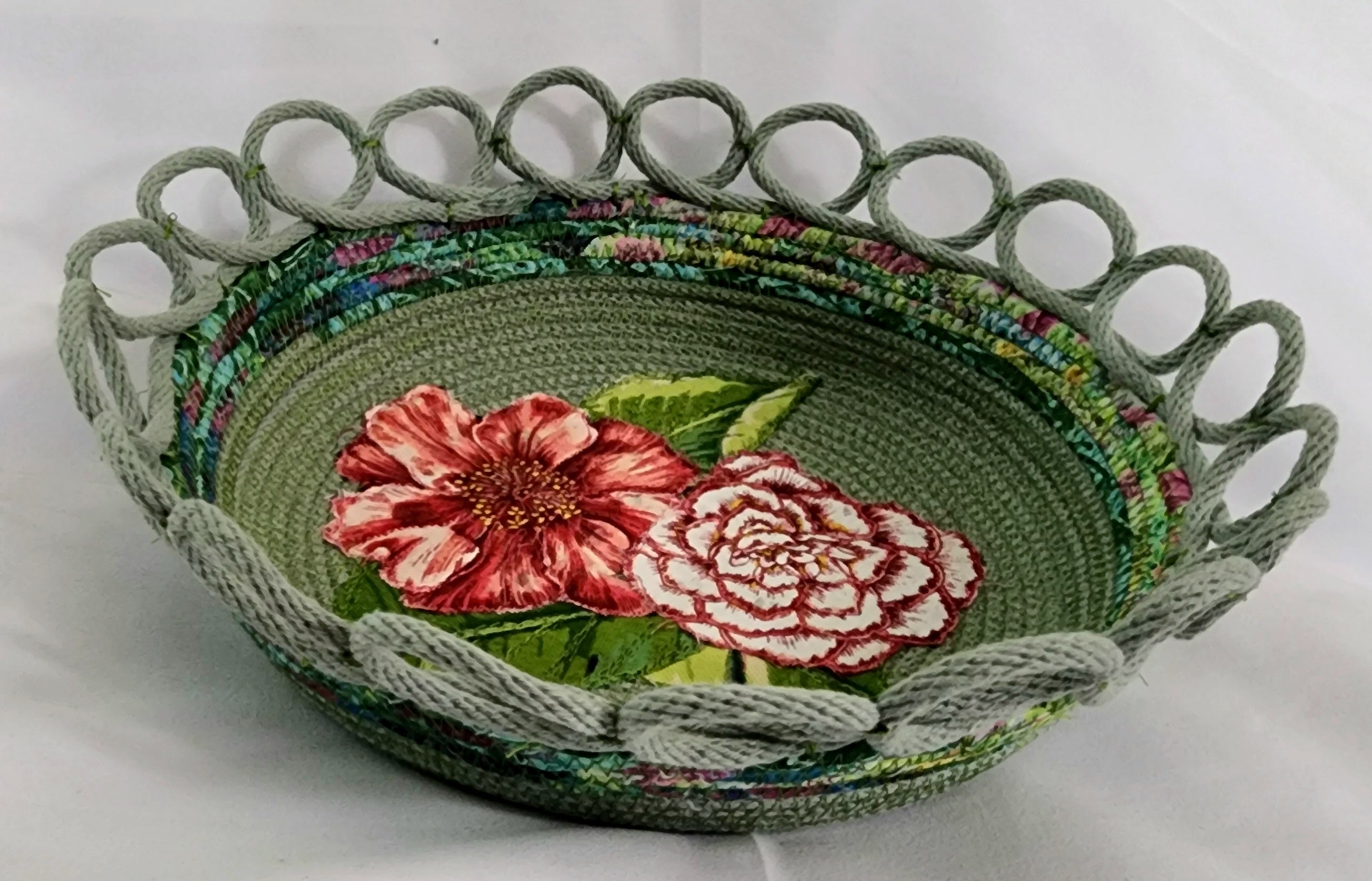 Rope Bowl: Green Floral Applique