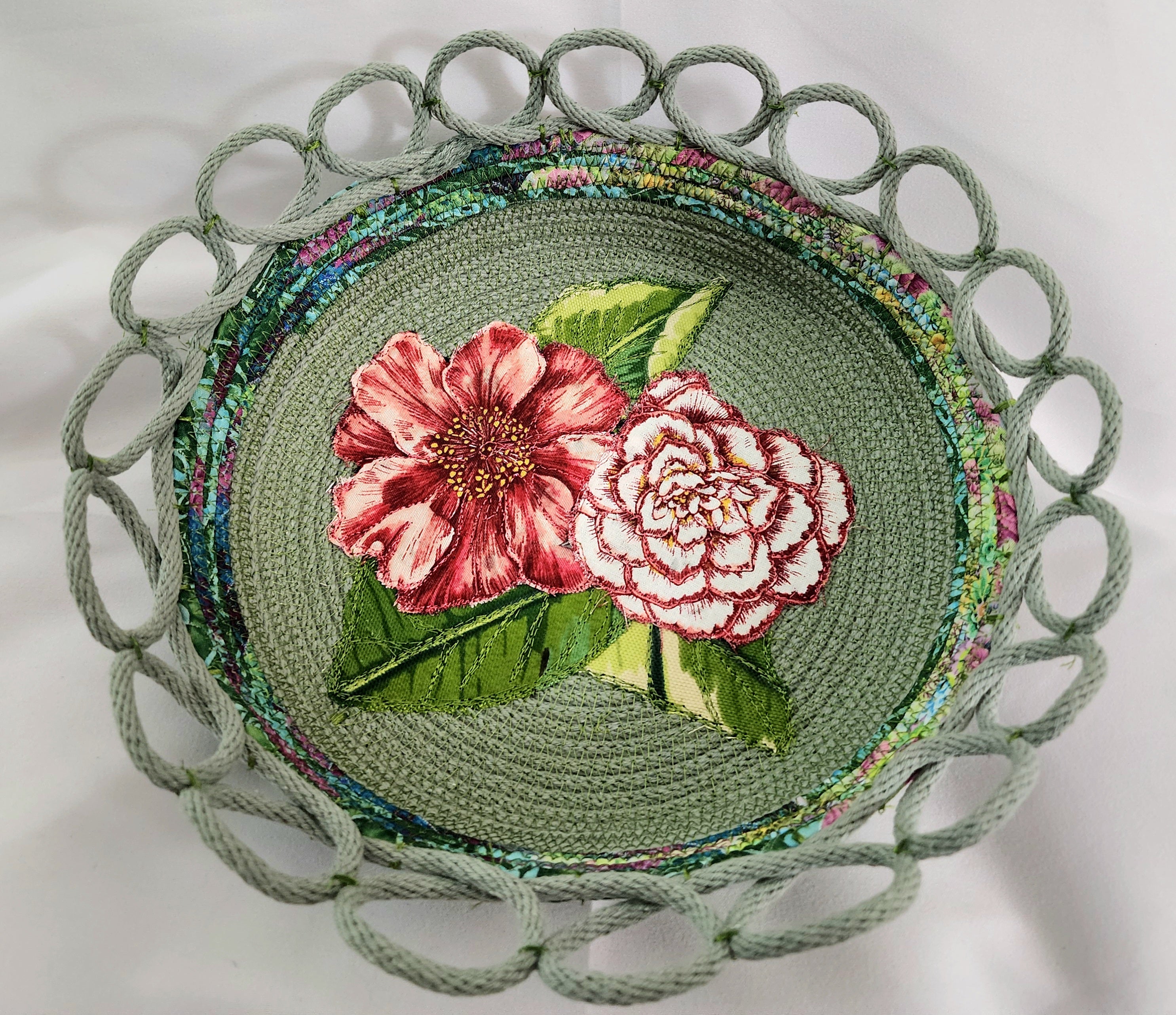 Rope Bowl: Green Floral Applique
