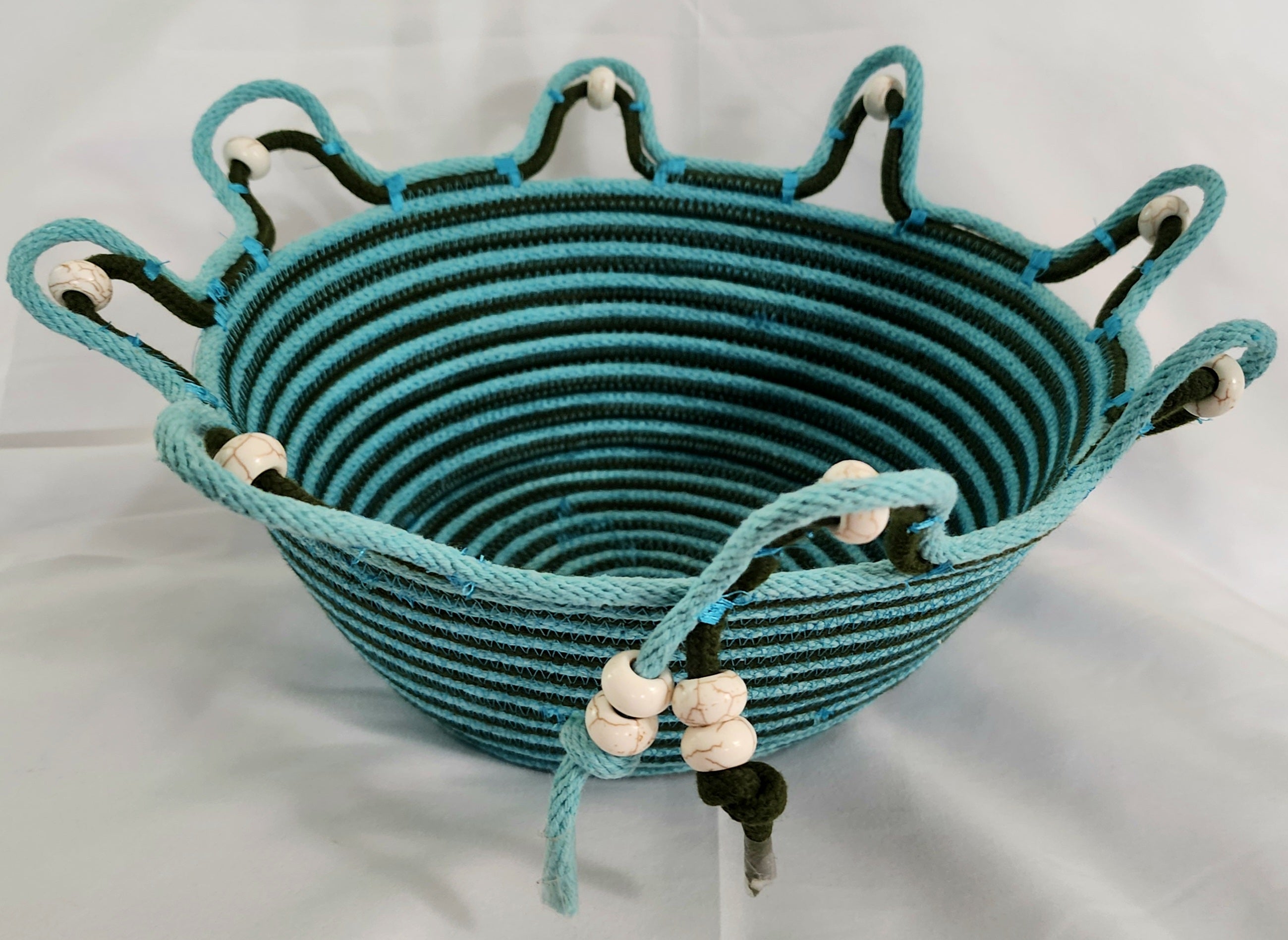 rope bowl turquoise and brown spiral