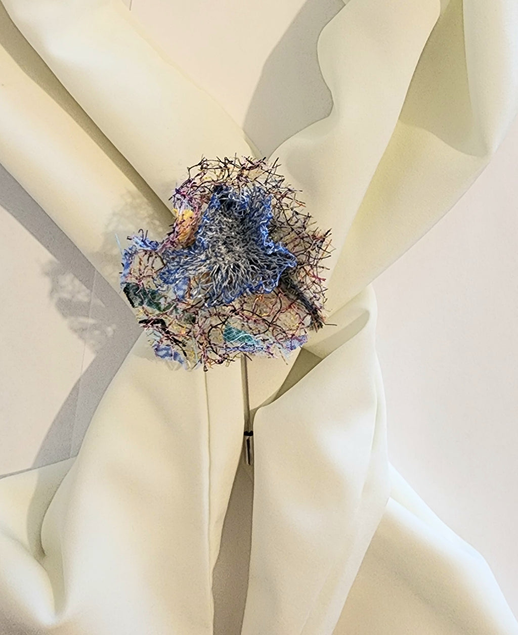 SP-1 Abstract Flower Stick Pin / Lapel Pin. Fabric made by Free Motion Embroidery. Lacy and Unique