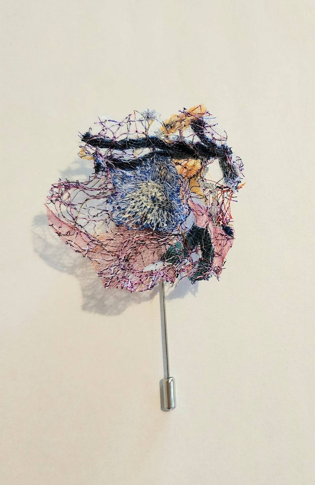 SP-11 Abstract Flower Stick Pin / Lapel Pin. Fabric made by Free Motion Embroidery. Lacy and Unique