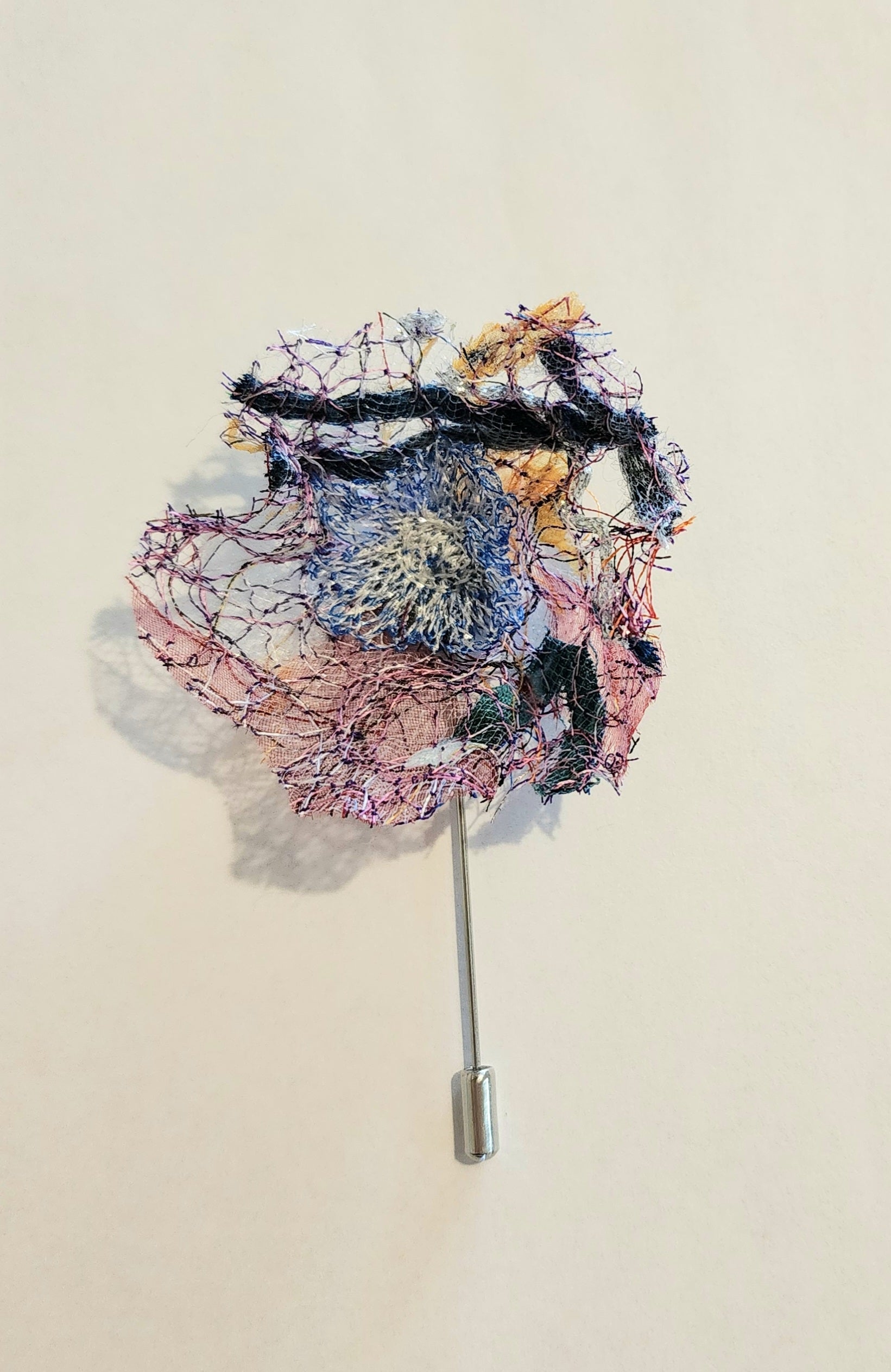 SP-11 Abstract Flower Stick Pin / Lapel Pin. Fabric made by Free Motion Embroidery. Lacy and Unique