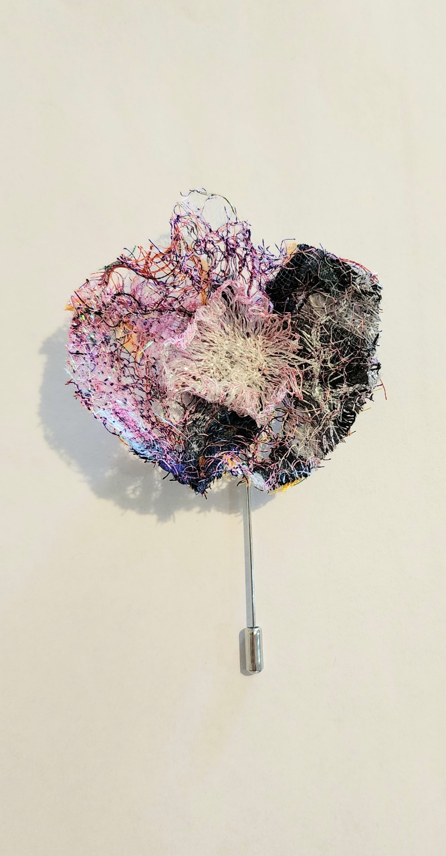 SP-12 Abstract Flower Stick Pin / Lapel Pin. Fabric made by Free Motion Embroidery. Lacy and Unique