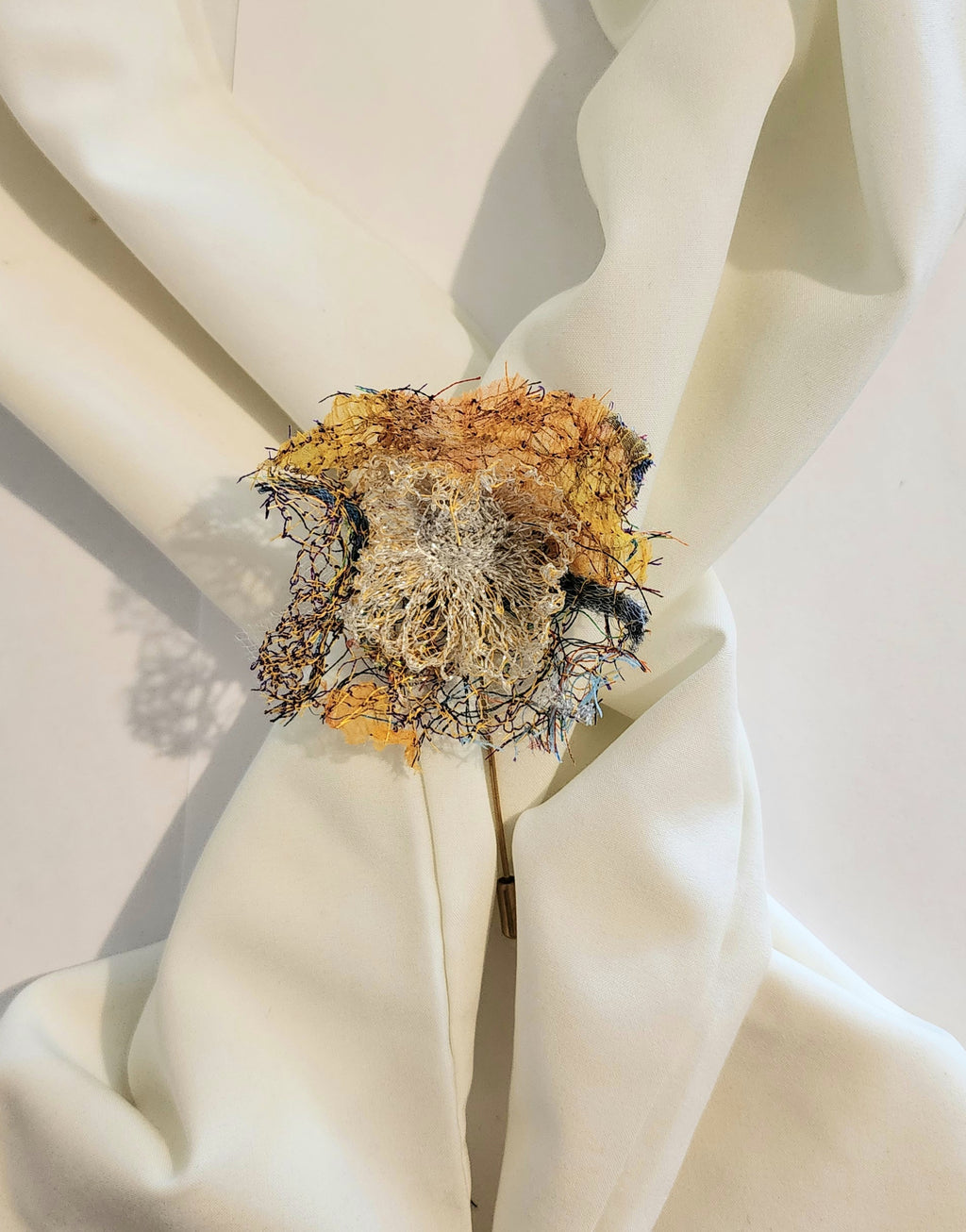 SP-13 Abstract Flower Stick Pin / Lapel Pin. Fabric made by Free Motion Embroidery. Lacy and Unique