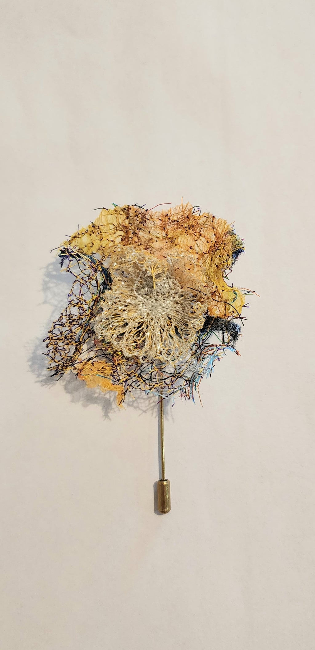 SP-13 Abstract Flower Stick Pin / Lapel Pin. Fabric made by Free Motion Embroidery. Lacy and Unique