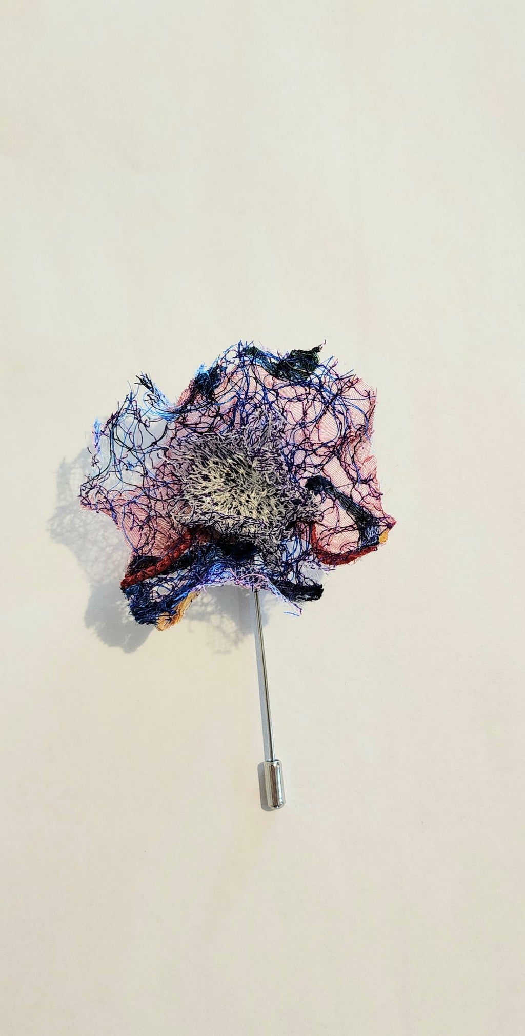 SP-14 Abstract Flower Stick Pin / Lapel Pin. Fabric made by Free Motion Embroidery. Lacy and Unique