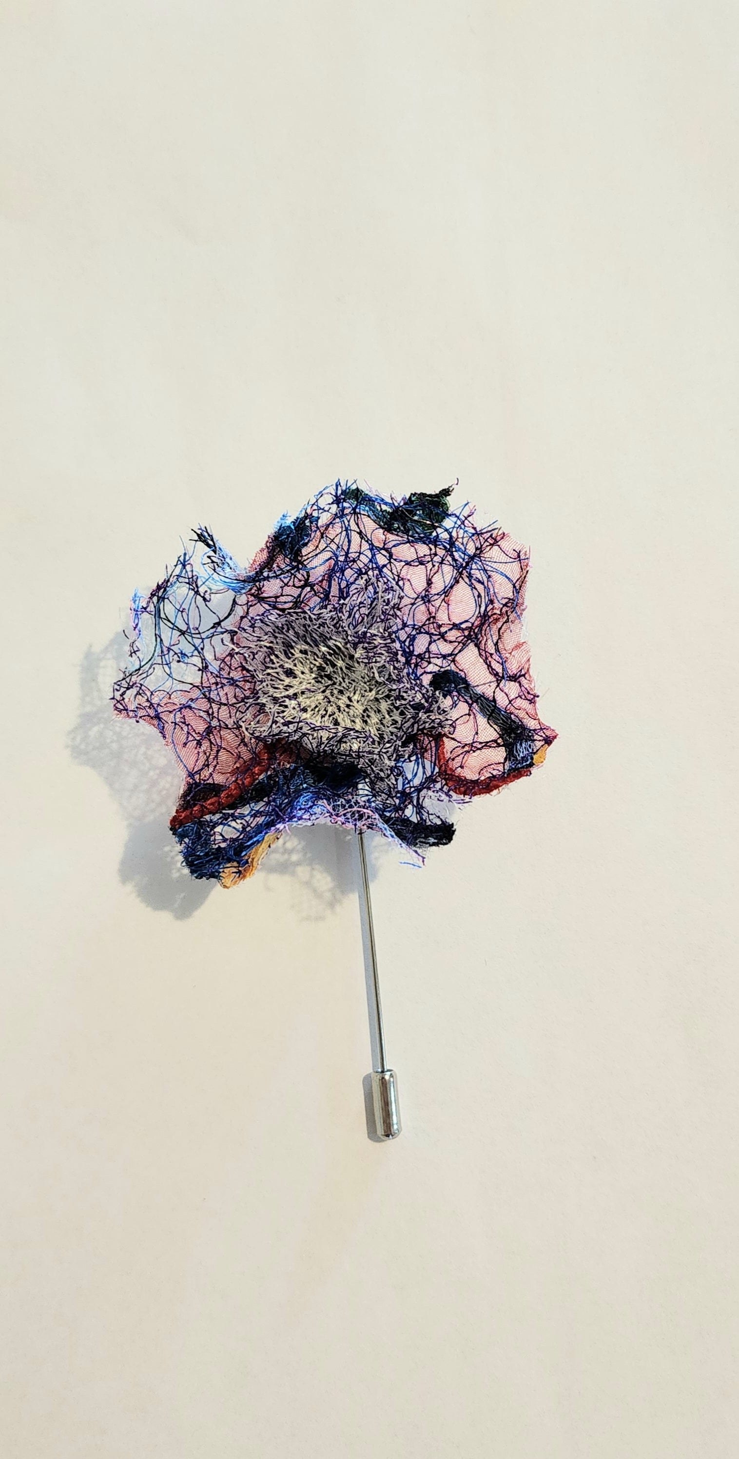 SP-14 Abstract Flower Stick Pin / Lapel Pin. Fabric made by Free Motion Embroidery. Lacy and Unique