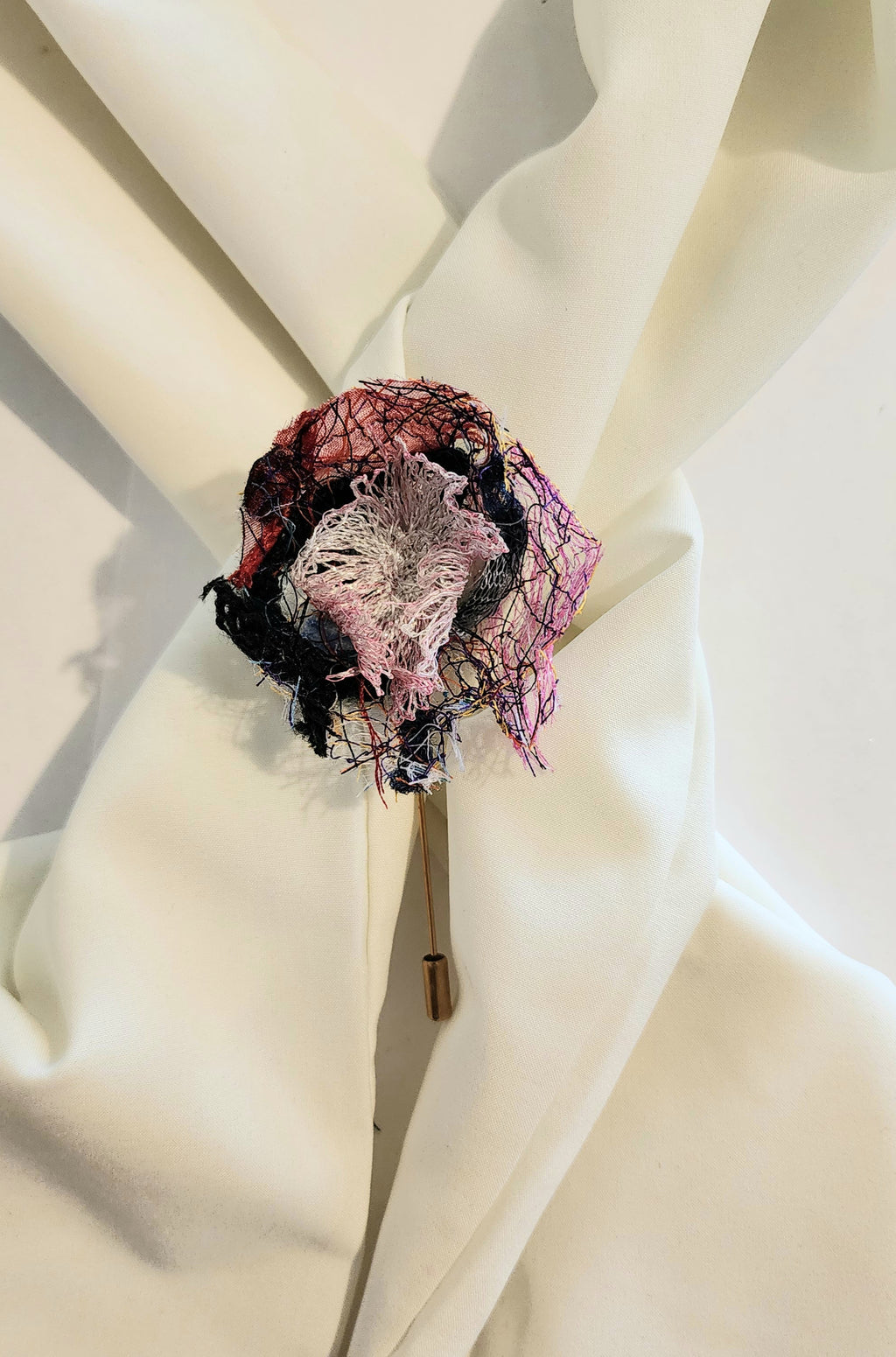 SP-15 Abstract Flower Stick Pin / Lapel Pin. Fabric made by Free Motion Embroidery. Lacy and Unique