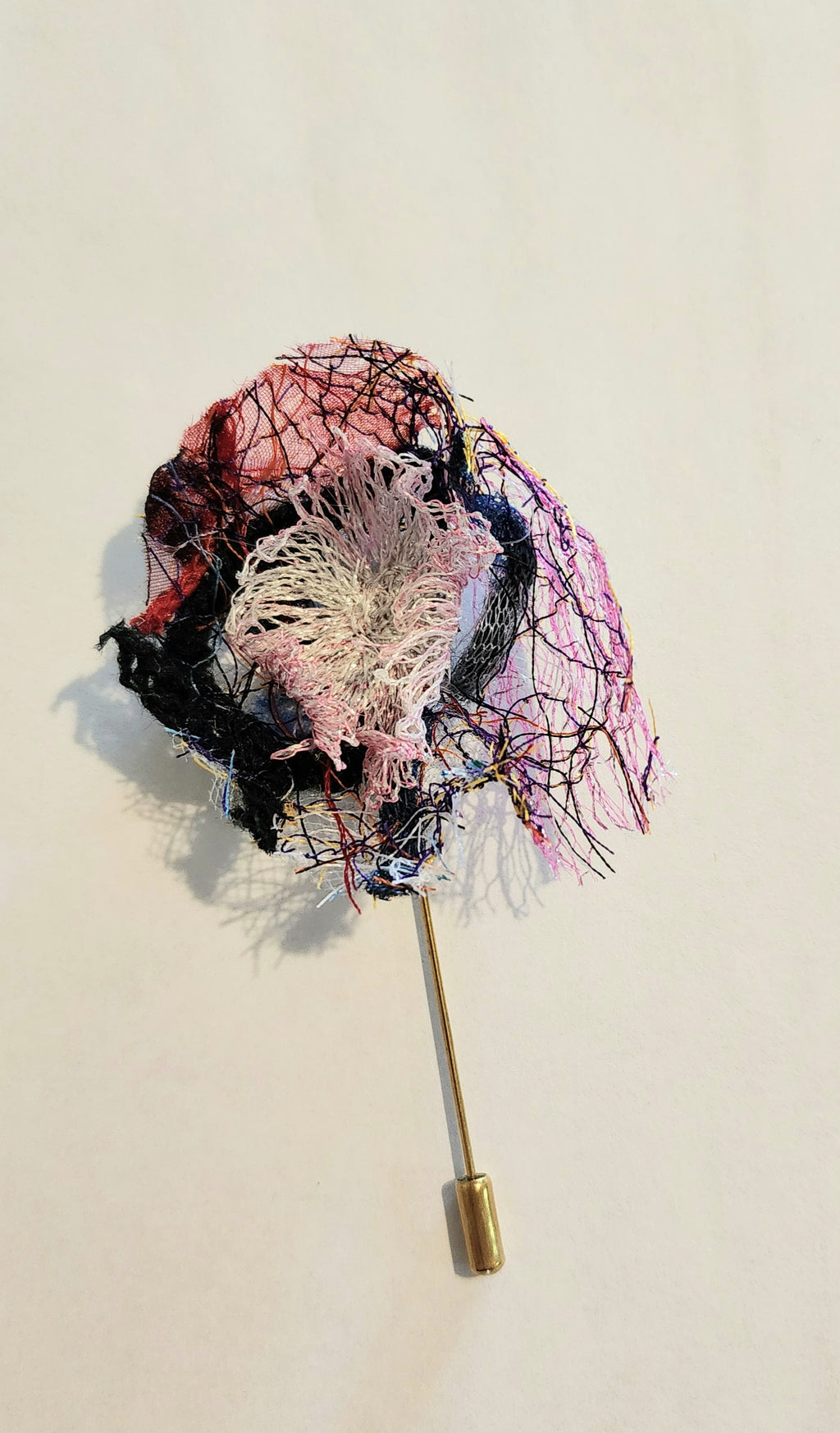 SP-15 Abstract Flower Stick Pin / Lapel Pin. Fabric made by Free Motion Embroidery. Lacy and Unique