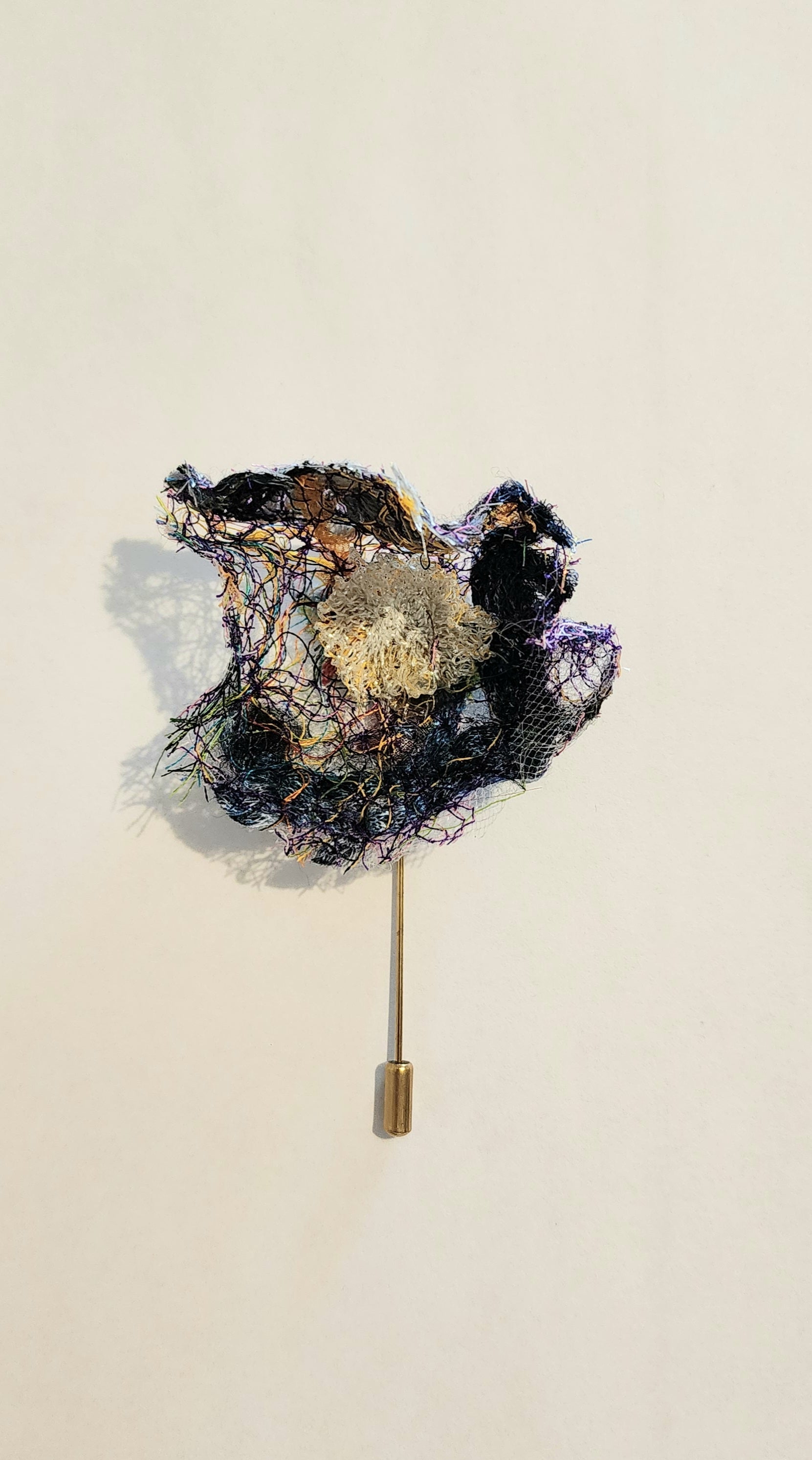 SP-16 Abstract Flower Stick Pin / Lapel Pin. Fabric made by Free Motion Embroidery. Lacy and Unique
