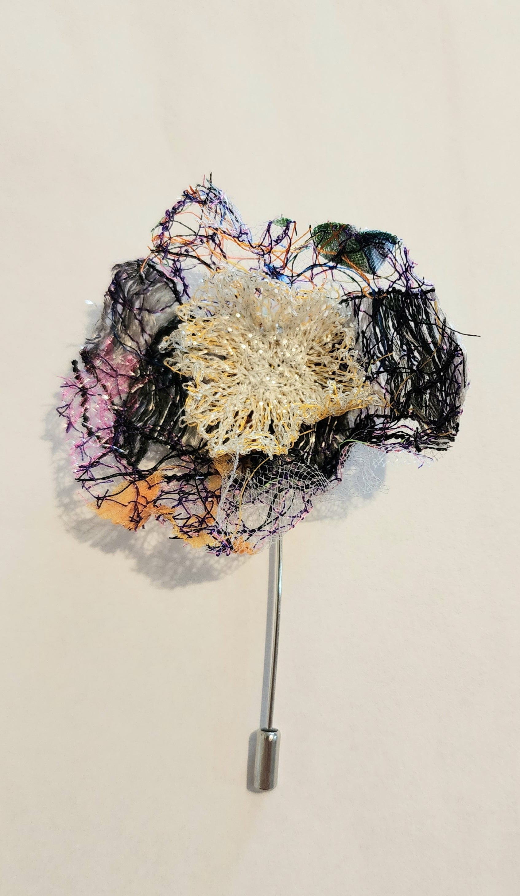 SP-2 Abstract Flower Stick Pin / Lapel Pin. Fabric made by Free Motion Embroidery. Lacy and Unique)