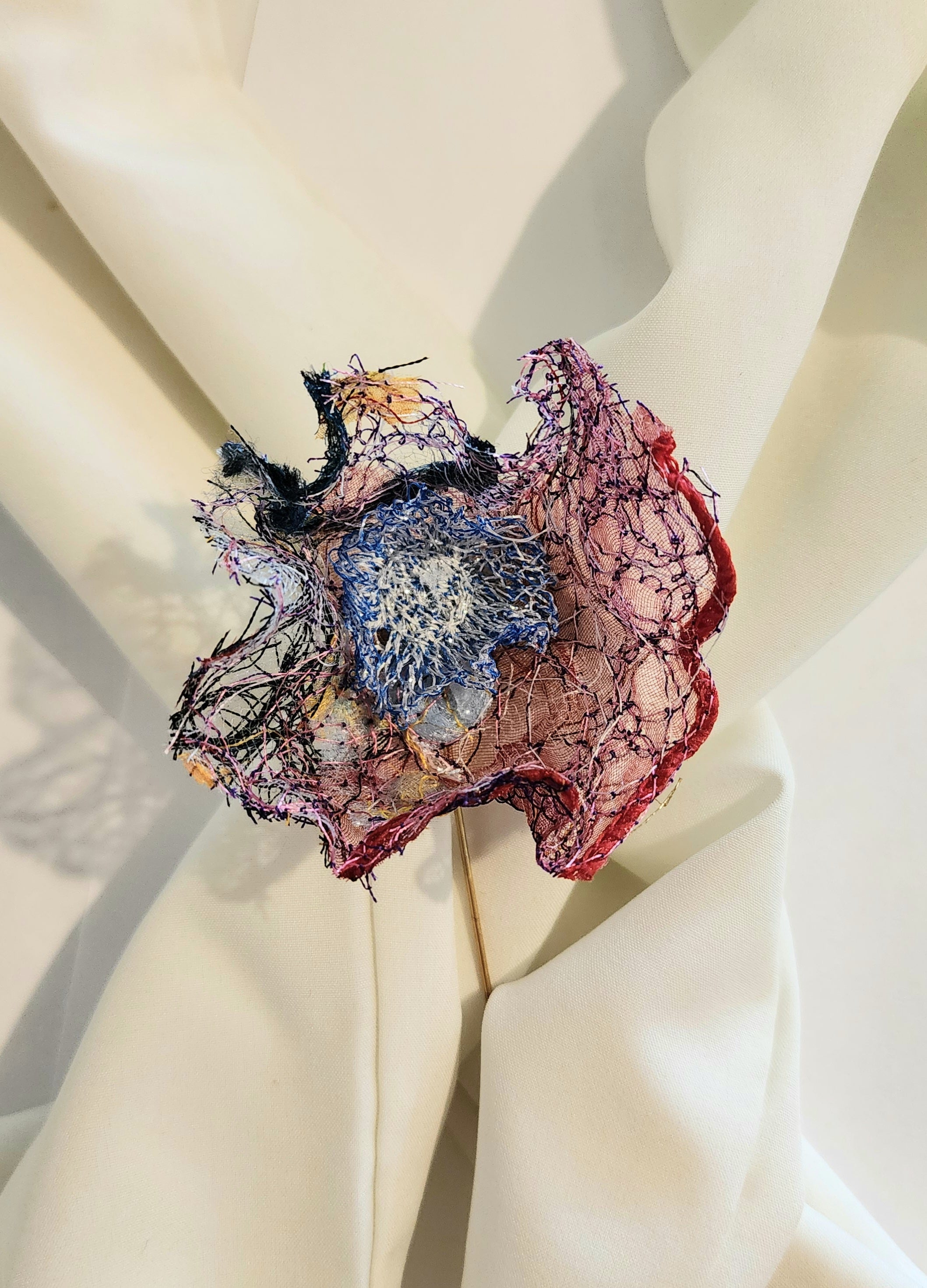 SP-3 Abstract Flower Stick Pin / Lapel Pin. Fabric made by Free Motion Embroidery. Lacy and Unique)