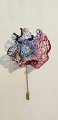 SP-3 Abstract Flower Stick Pin / Lapel Pin. Fabric made by Free Motion Embroidery. Lacy and Unique)