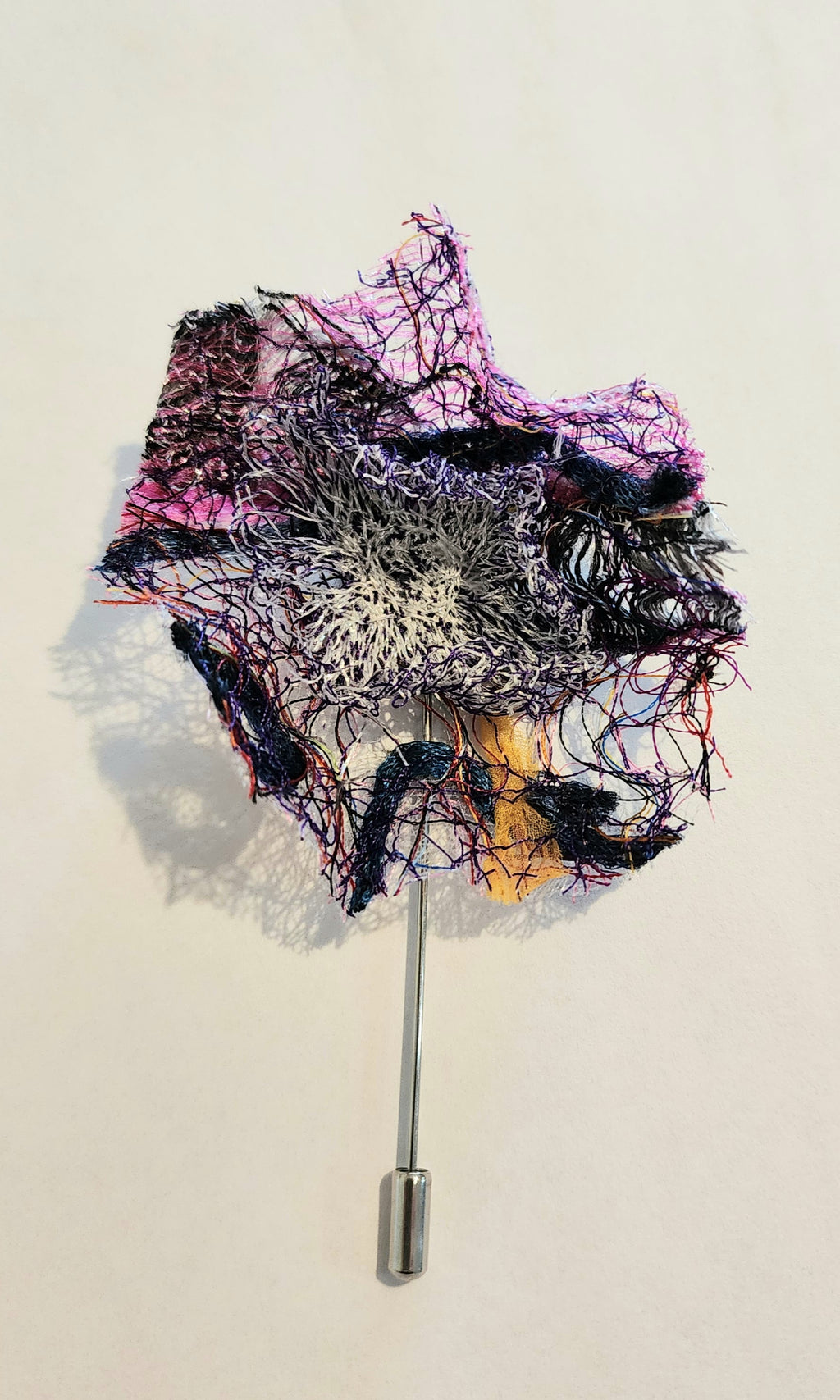 SP-4 Abstract Flower Stick Pin / Lapel Pin. Fabric made by Free Motion Embroidery. Lacy and Unique)