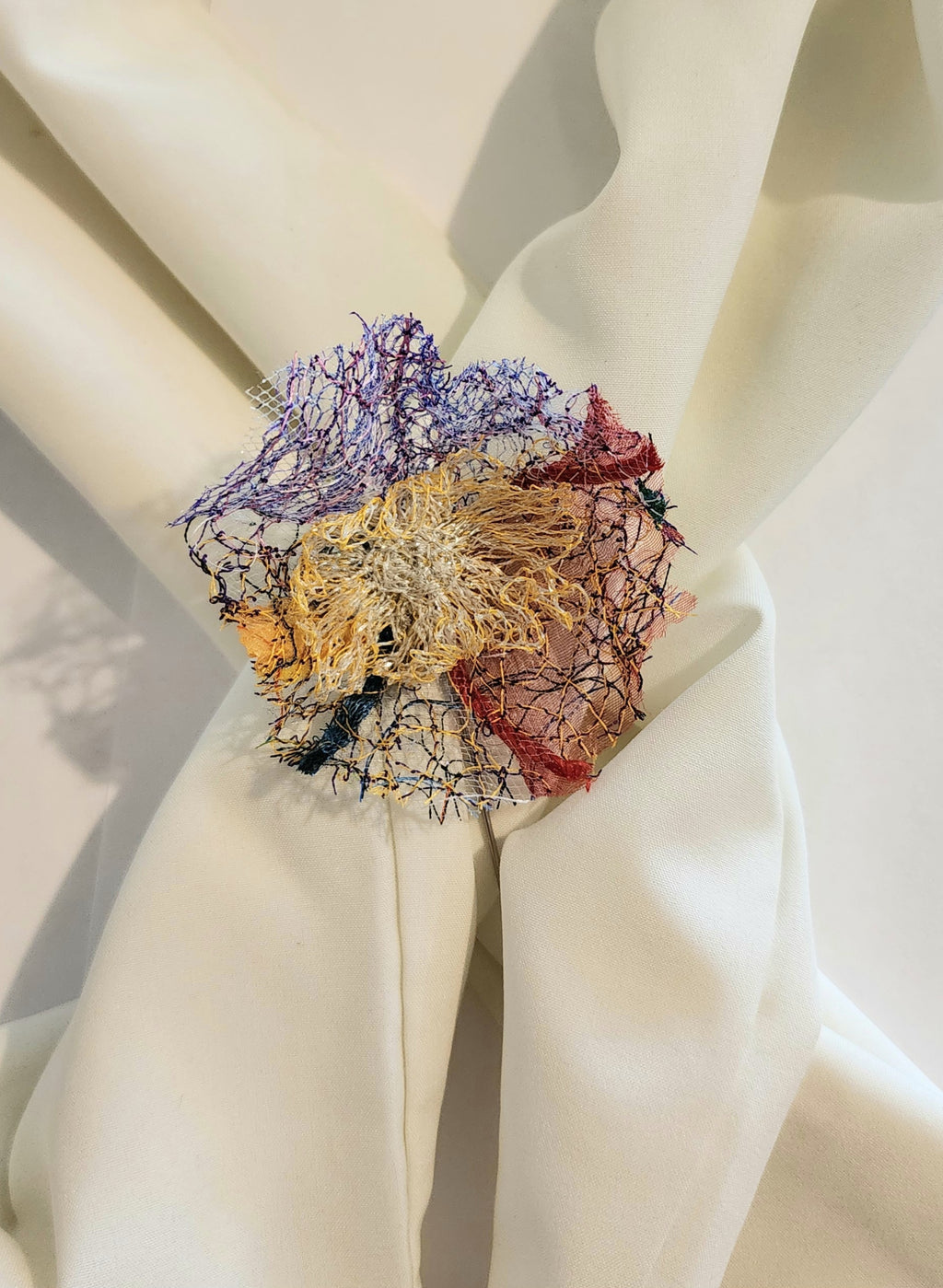 SP-5 Abstract Flower Stick Pin / Lapel Pin. Fabric made by Free Motion Embroidery. Lacy and Unique)