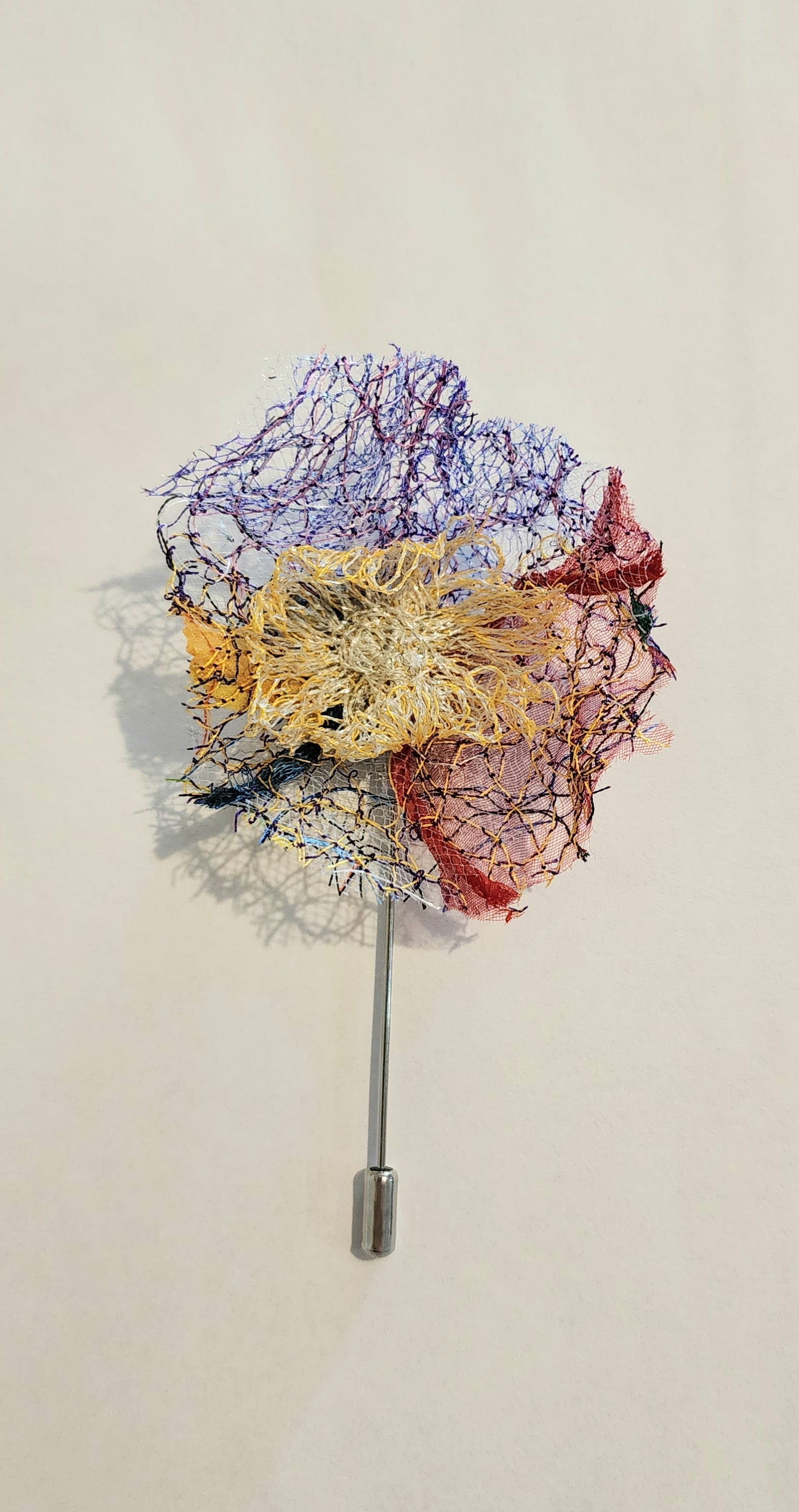 SP-5 Abstract Flower Stick Pin / Lapel Pin. Fabric made by Free Motion Embroidery. Lacy and Unique)